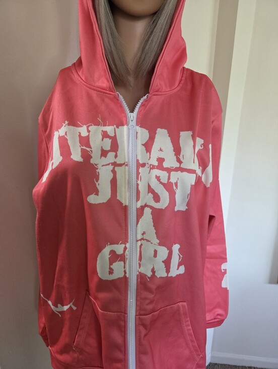 Wrld Rebirth Tops - Womens Literally Just A Girl Graphic Pink White Hoodie Zip Up Size XL